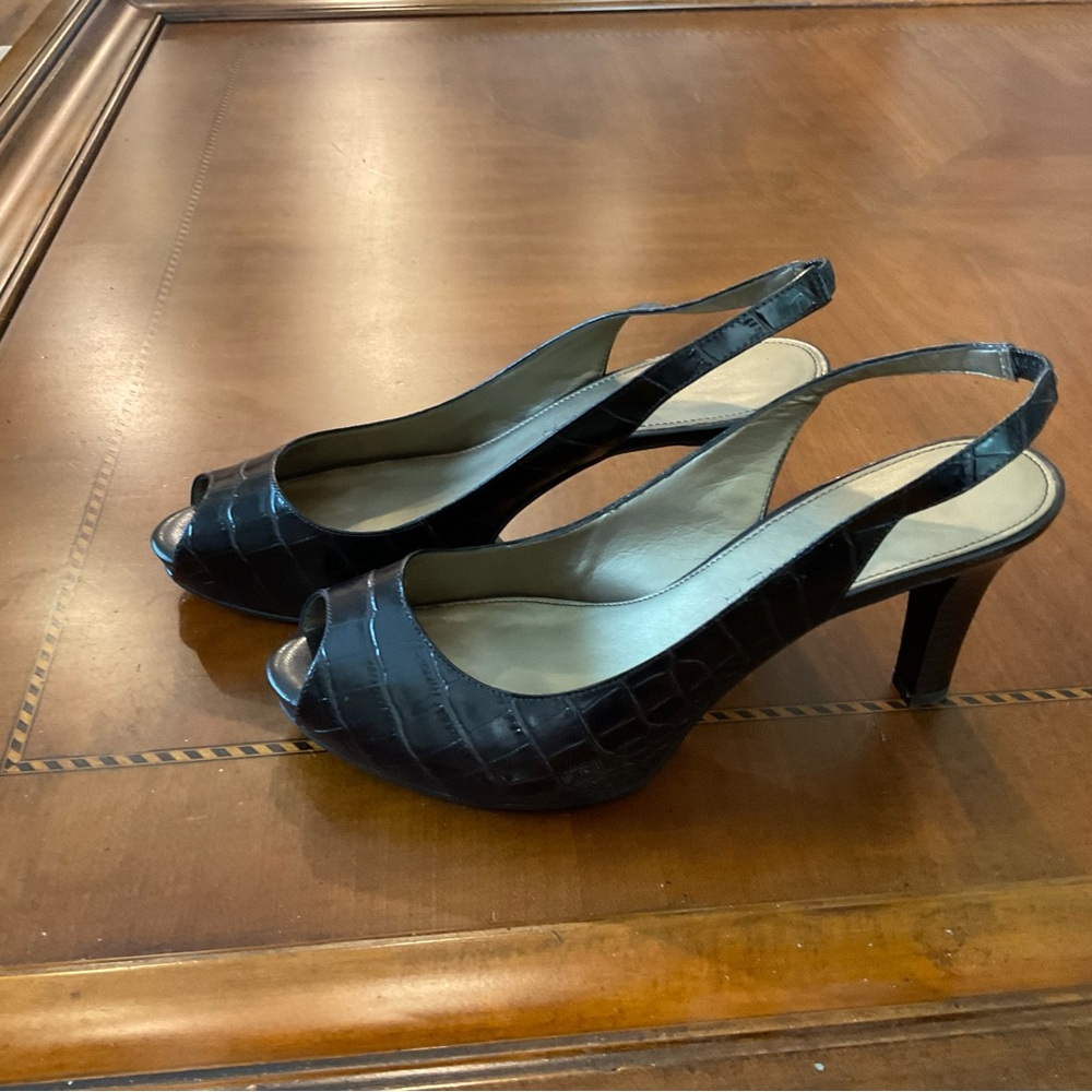Marc Fisher Black Croc-Embossed Slingback Peep-Toe Heels